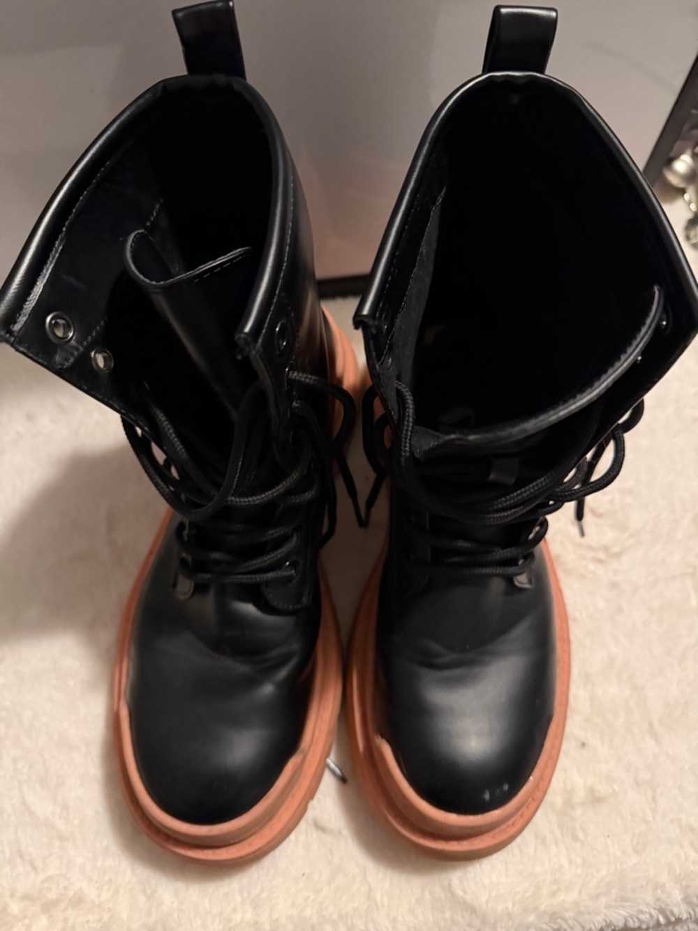 Bottega Veneta Black Leather Lace-Up Boots with Brown Platform